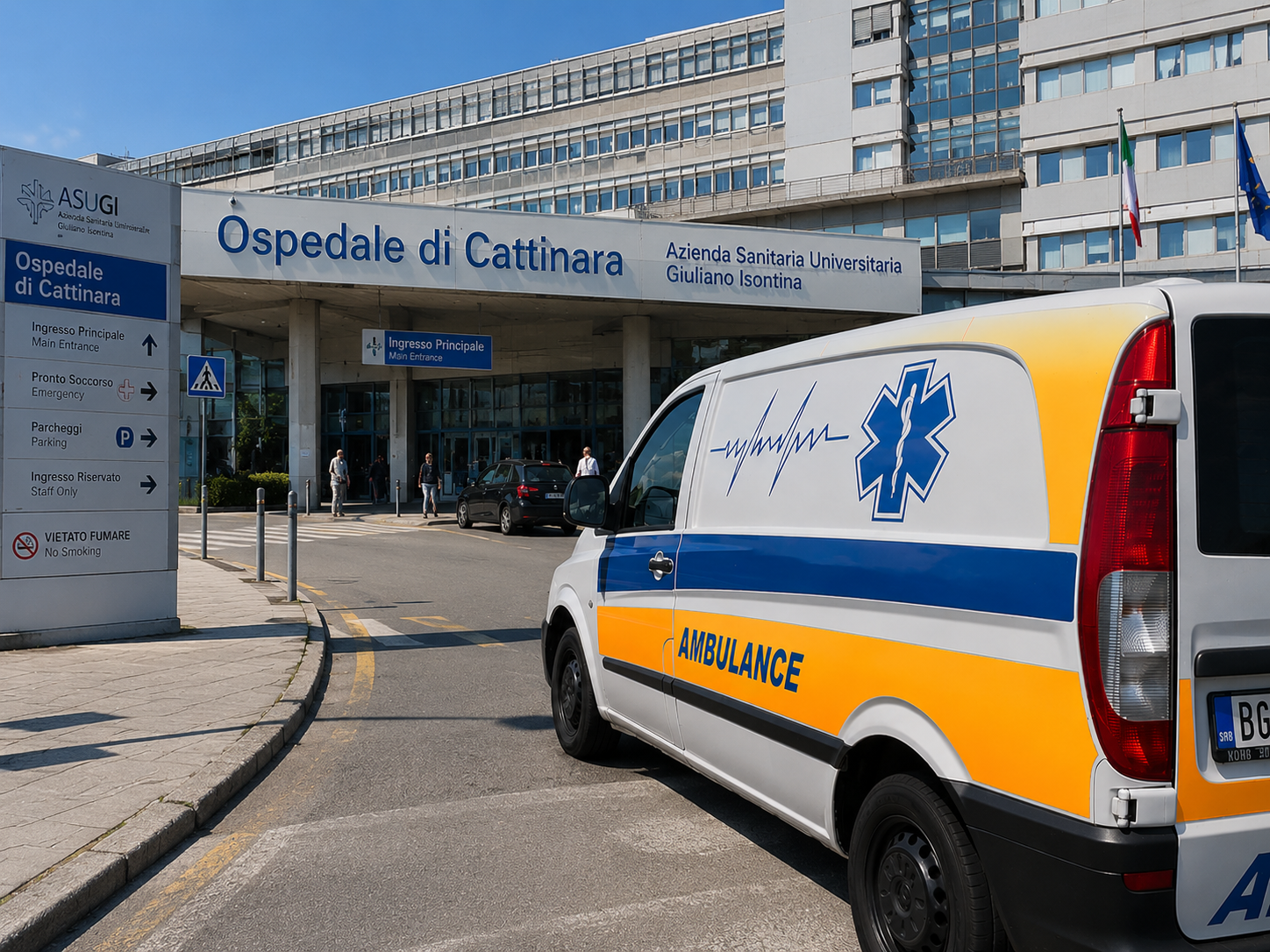 Sanitetsko vozilo ispred bolnice Ospedale di Cattinara u Trstu – preuzimanje pacijenta